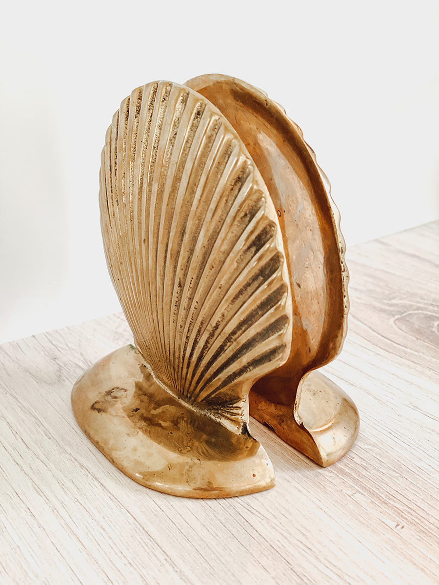 SALE.. Vintage Heavy Solid Brass Seashell Bookends Gatco
