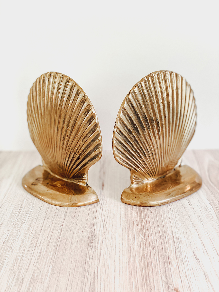 Set of Vintage Brass Clamshell Bookends, Medium-Small Scalloped